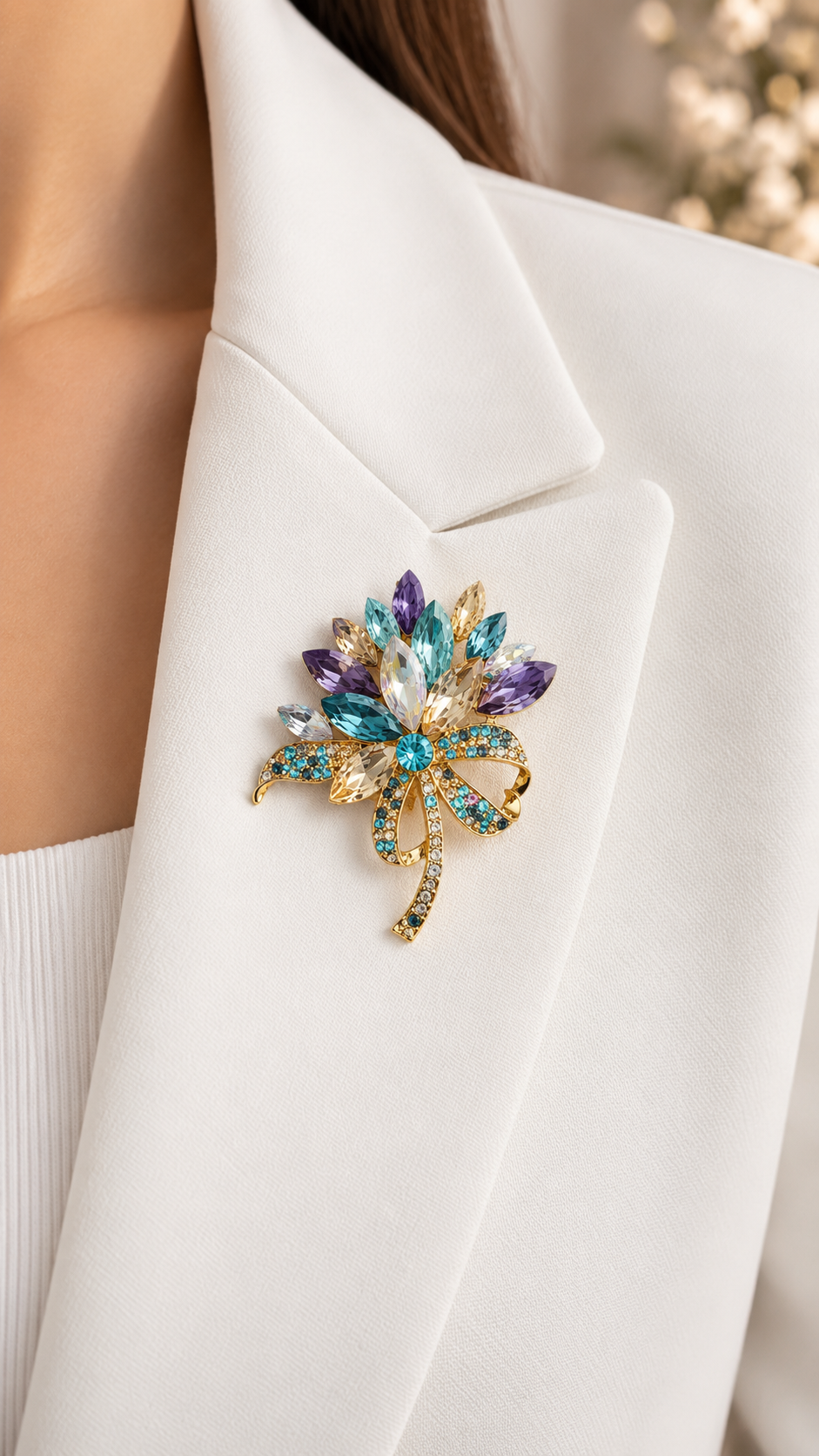 Elegante Blumenbrosche Gold mit Kristallen – Funkelnde Strass Brosche für Damen | 2 Farben