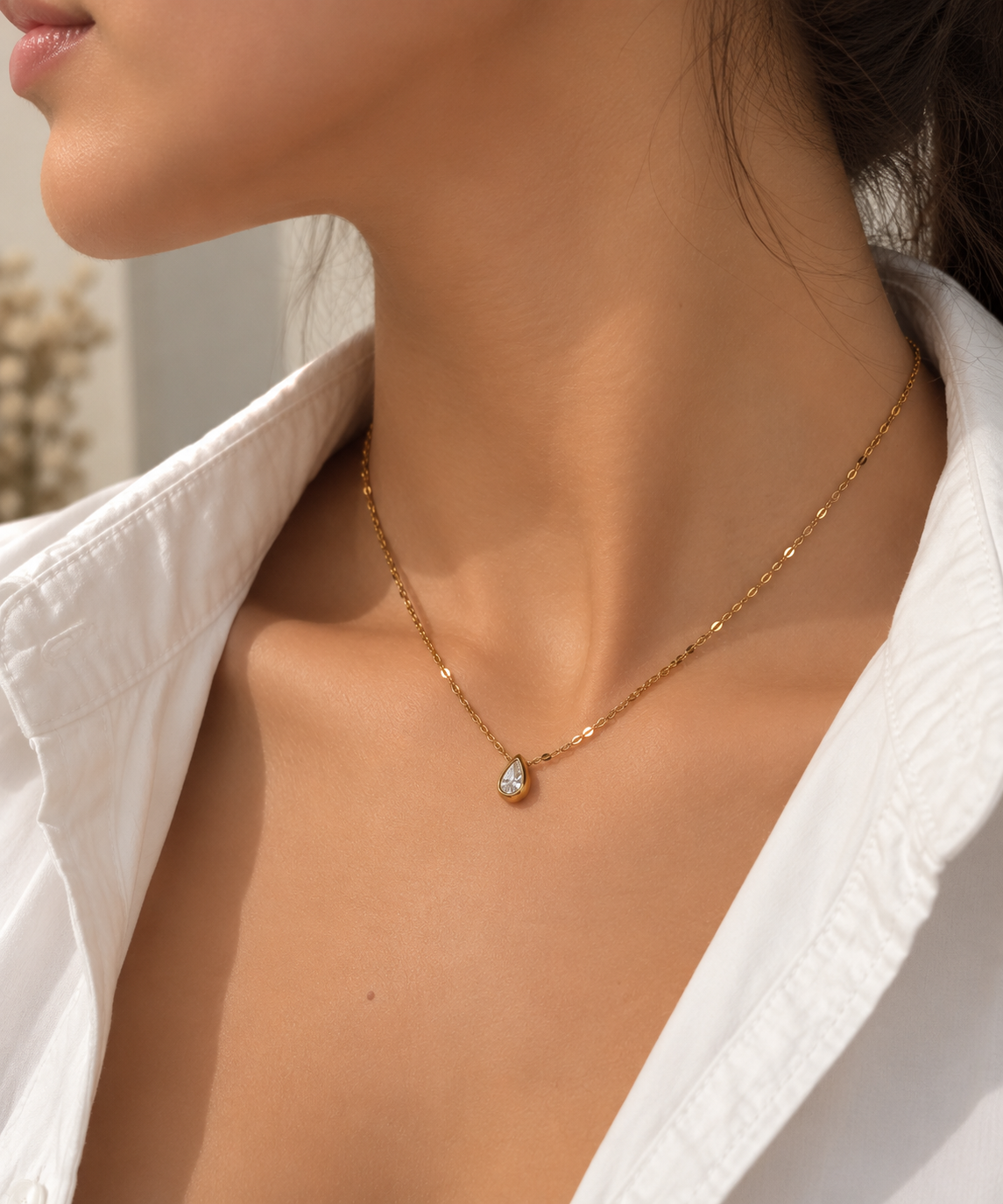 Tropfen Halskette Gold mit Zirkonia | Filigrane Edelstahl Kette