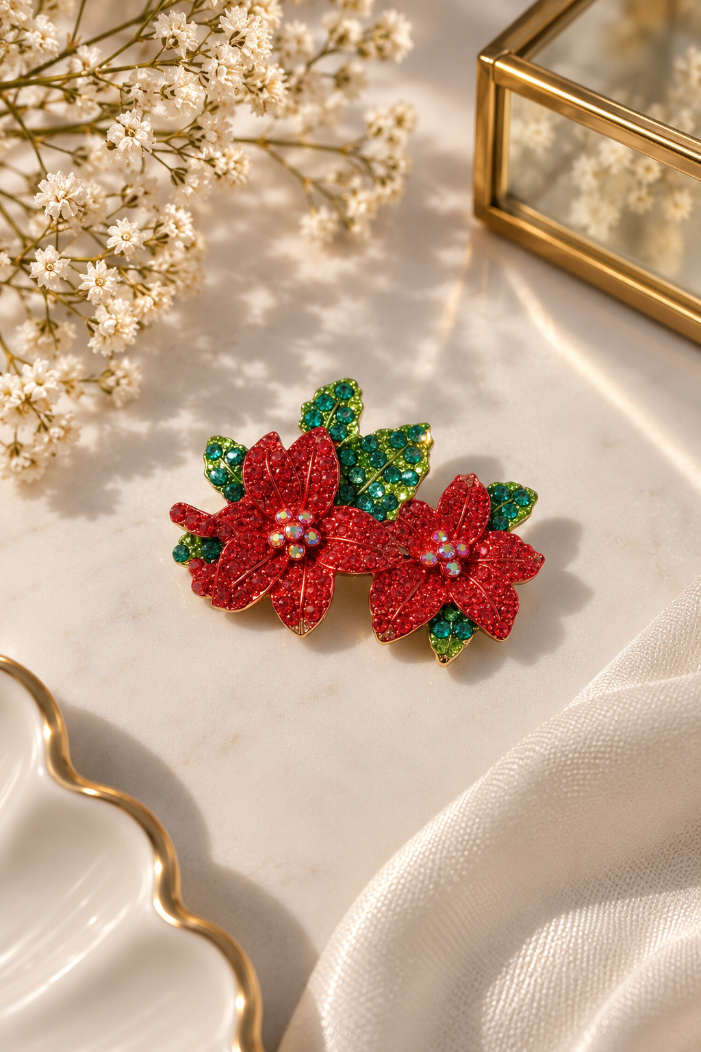 Weihnachtsstern Brosche Rot & Grün | Funkelnde Blumen Brosche