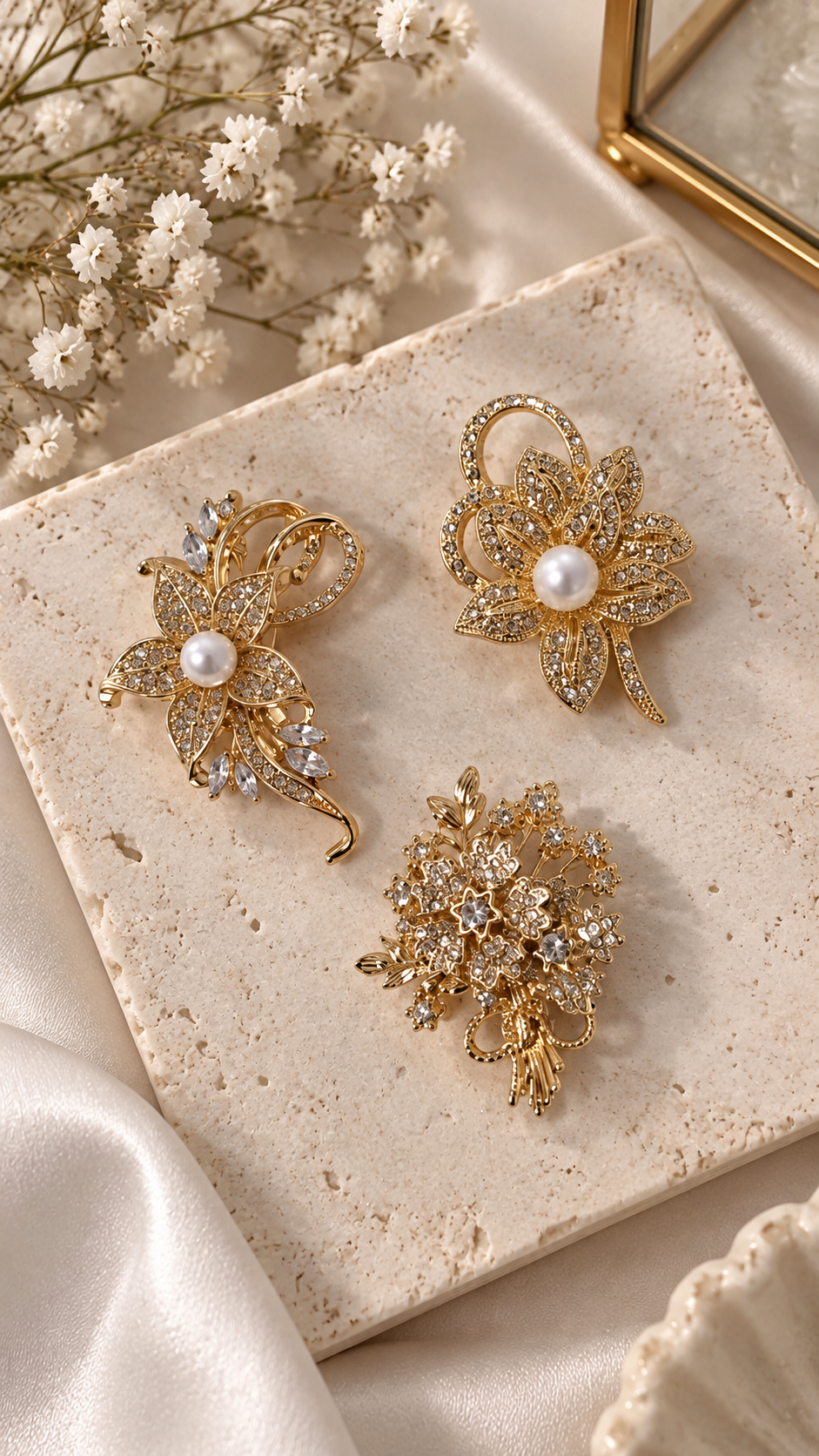 Goldene Blumenbrosche mit Perlen & Strass – Elegante Vintage Anstecknadel | 3 Designs
