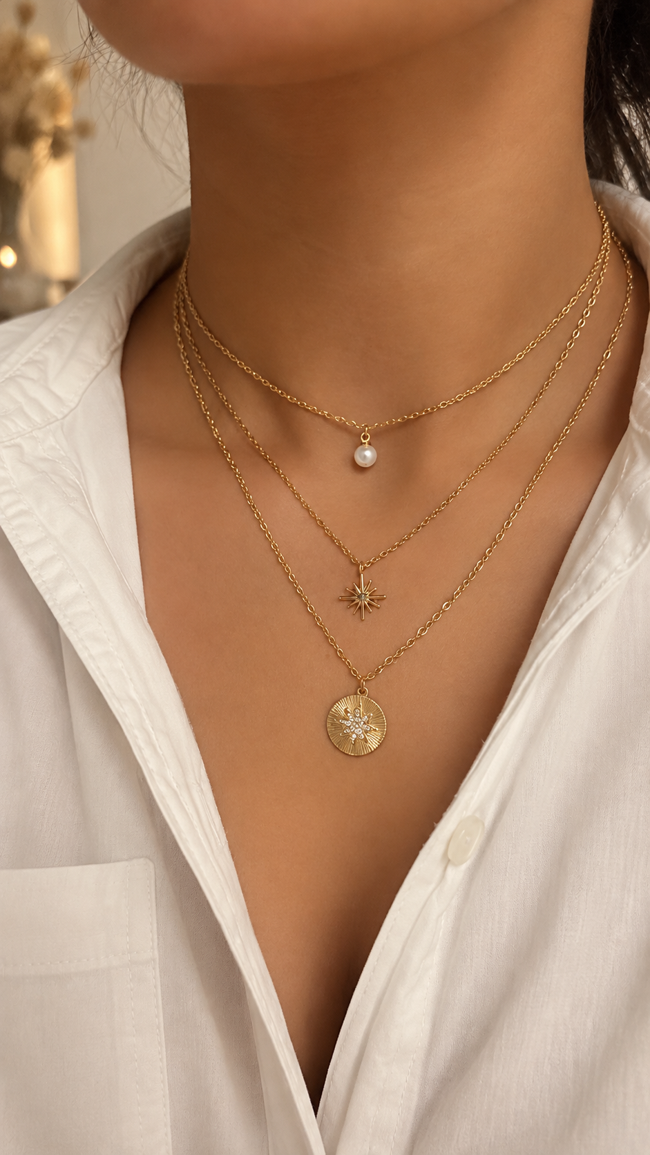 3-reihige Layering Halskette Gold | Perle & Stern Anhänger