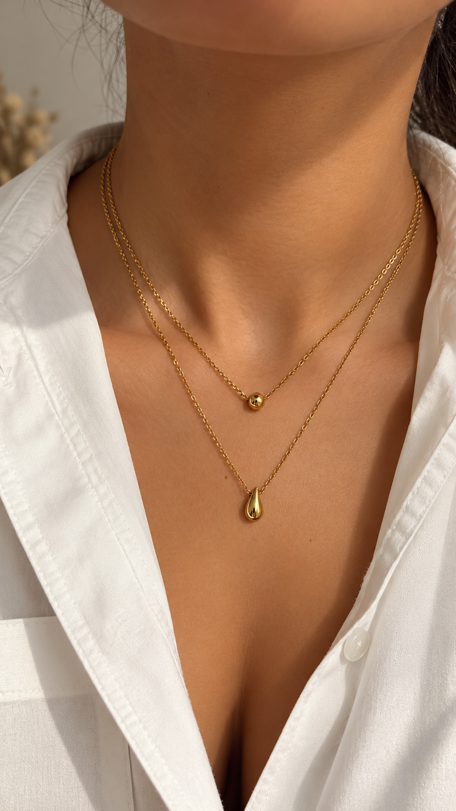 Doppelkette Gold mit Tropfen Anhänger | Edelstahl Layering Halskette