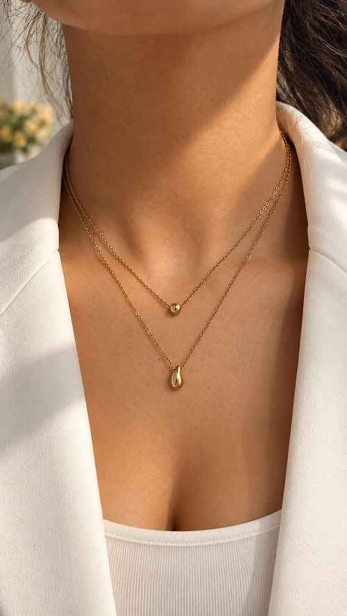 Doppelkette Gold mit Tropfen Anhänger | Edelstahl Layering Halskette