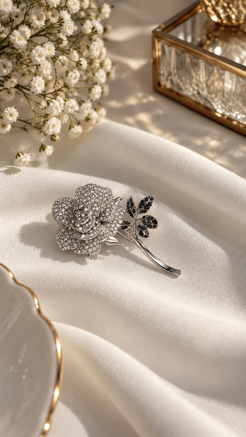 Elegante Rosen Brosche Silber mit Strasssteinen – Vintage Blumenbrosche für Damen