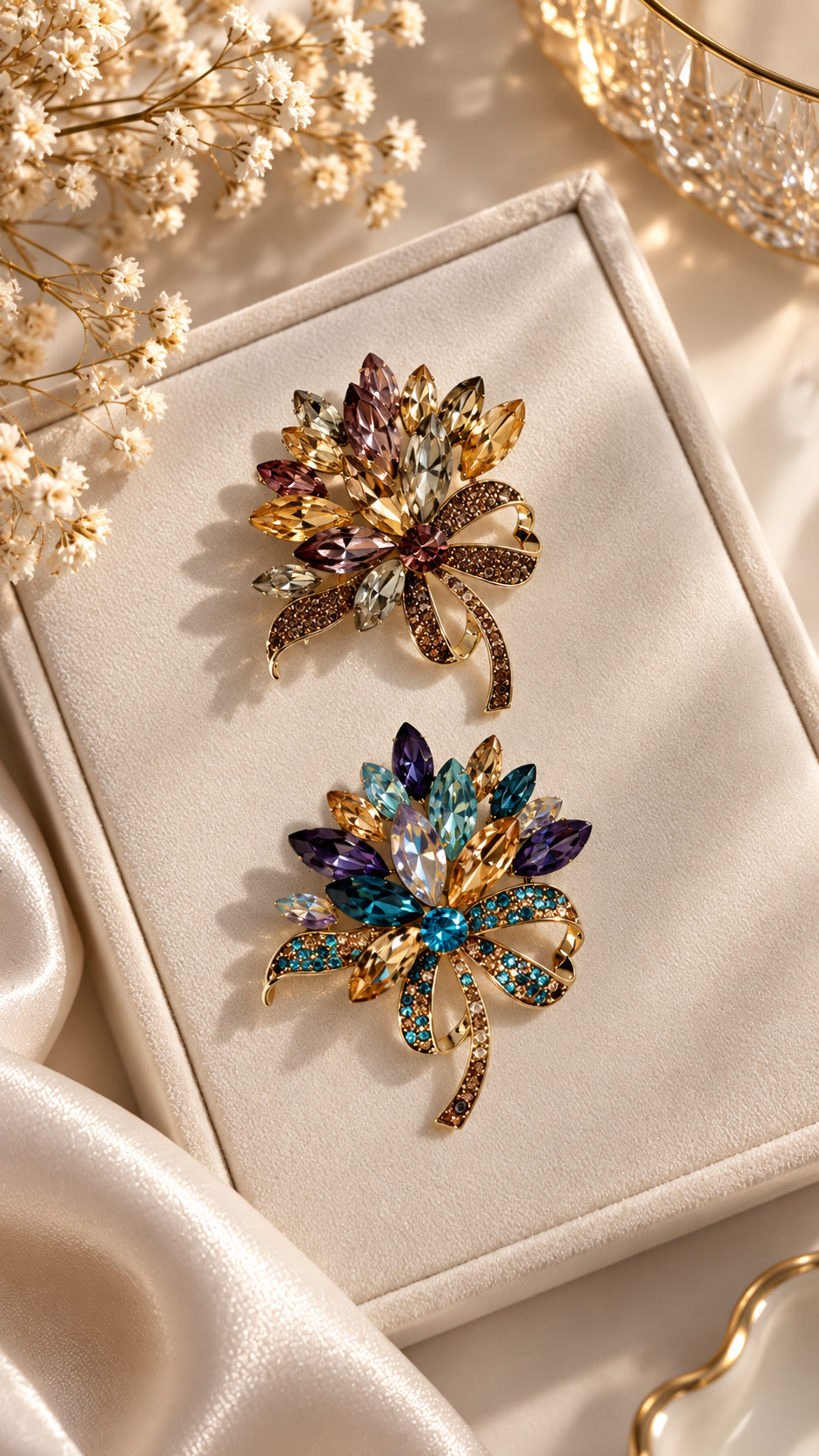 Elegante Blumenbrosche Gold mit Kristallen – Funkelnde Strass Brosche für Damen | 2 Farben