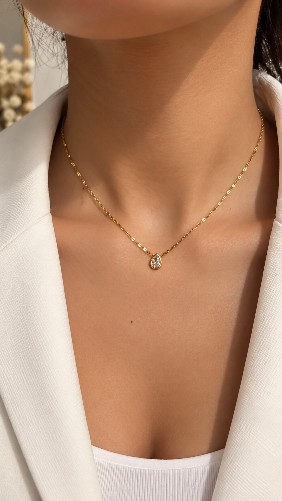 Tropfen Halskette Gold mit Zirkonia | Filigrane Edelstahl Kette