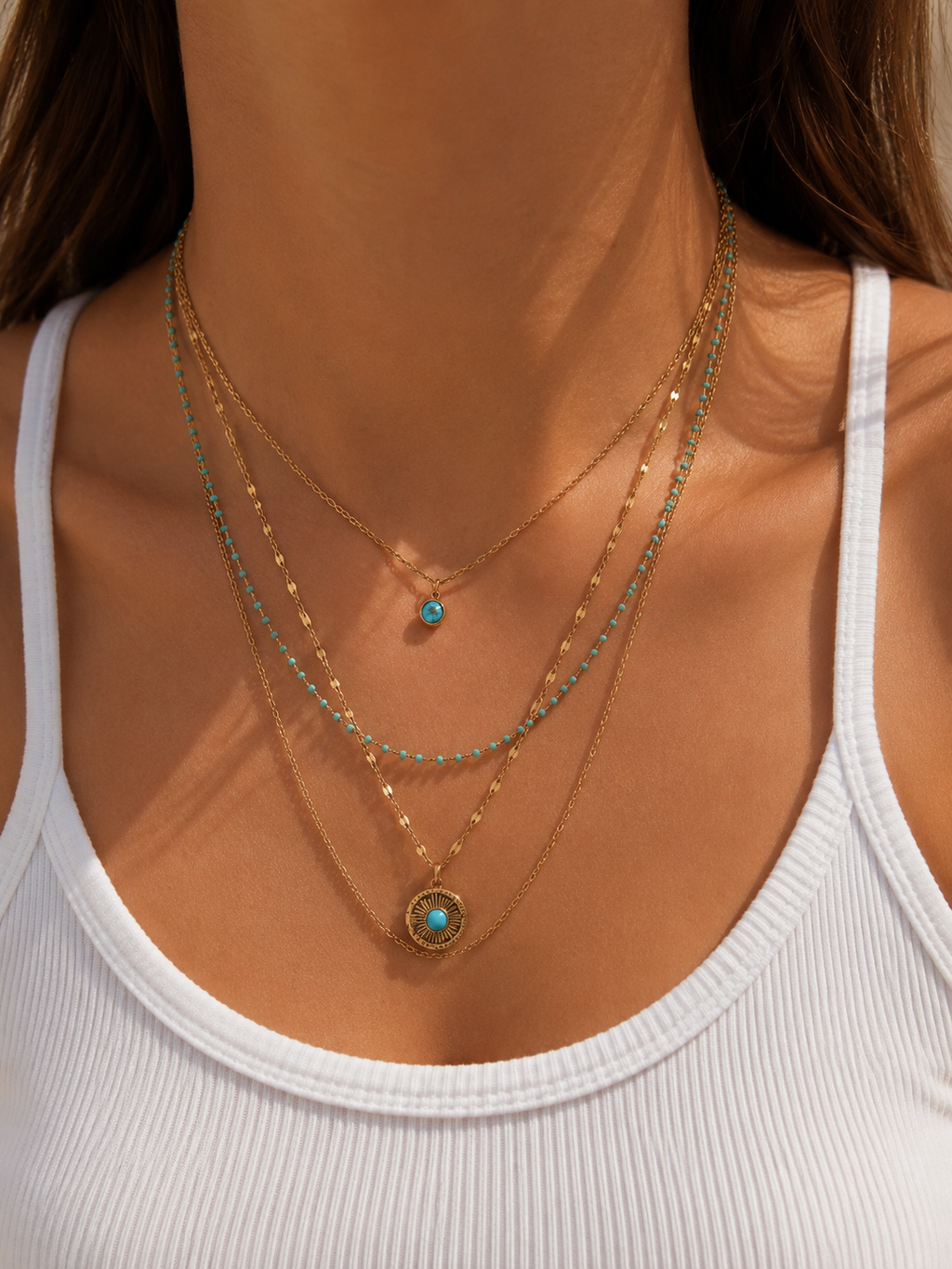 Layering Halskette Türkis & Gold – Mehrreihige Edelstahl Kette mit Anhänger