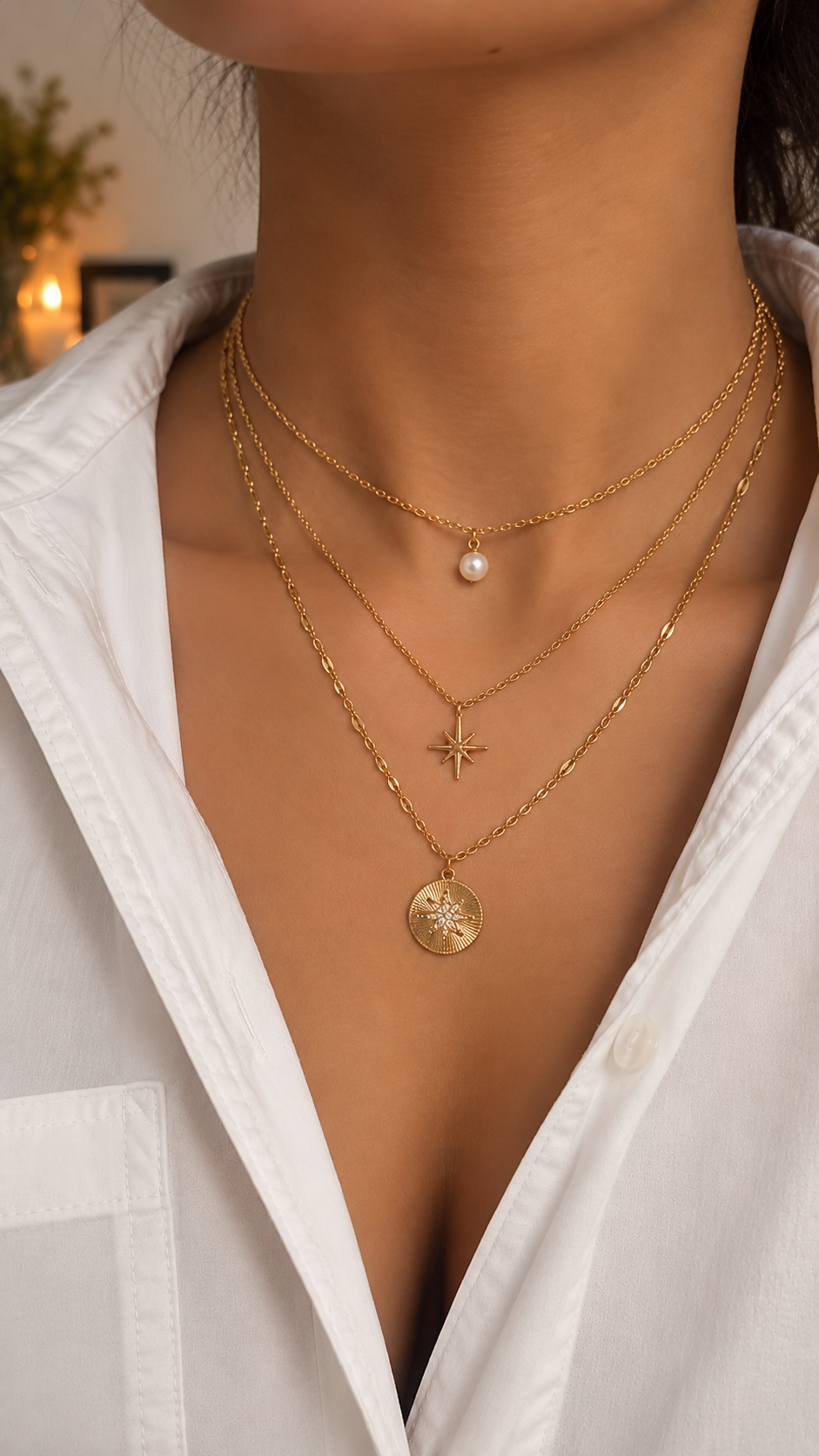 3-reihige Layering Halskette Gold | Perle & Stern Anhänger