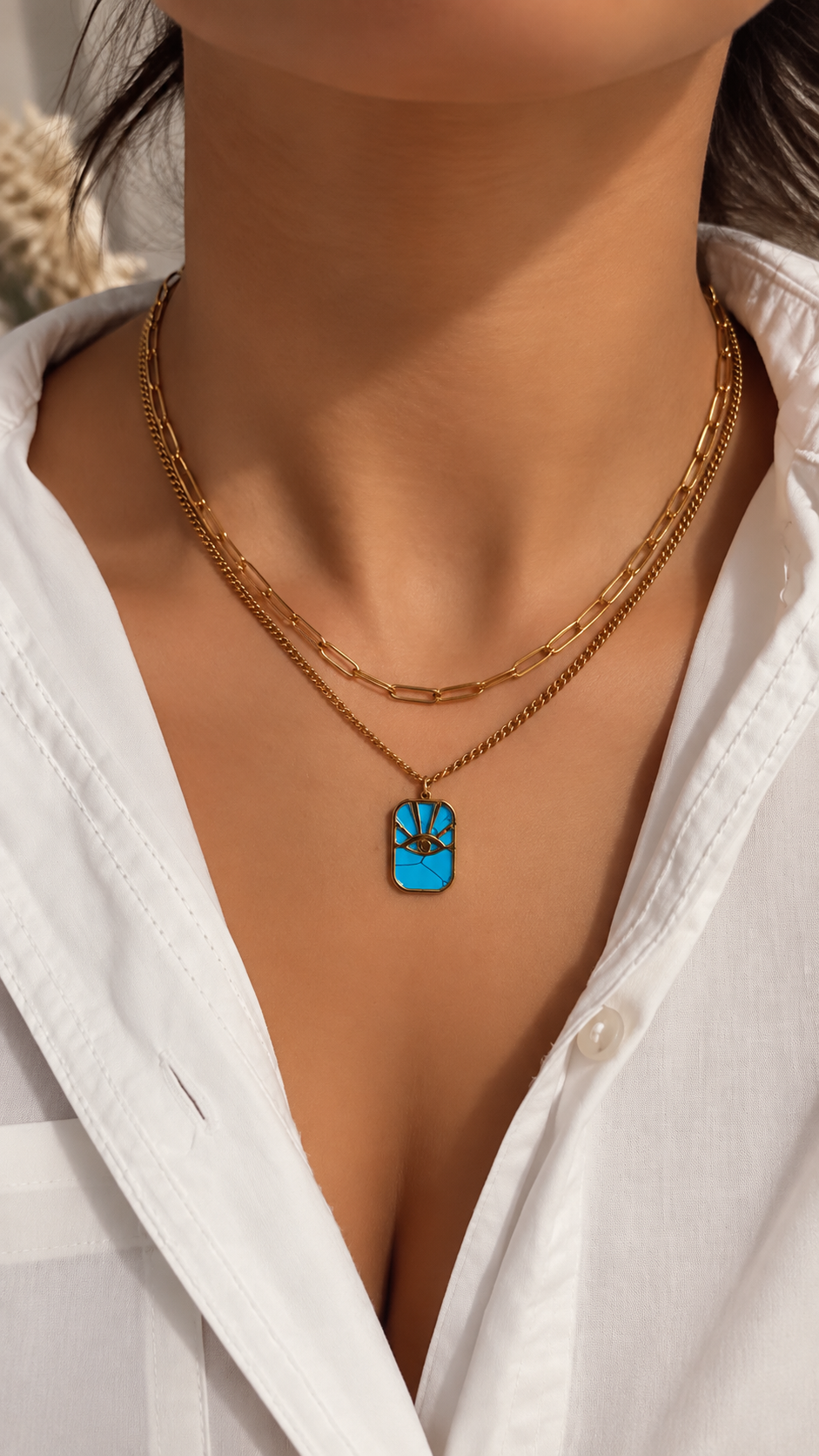 Layering Halskette Gold mit Türkis Augen Anhänger | Edelstahl Doppelkette