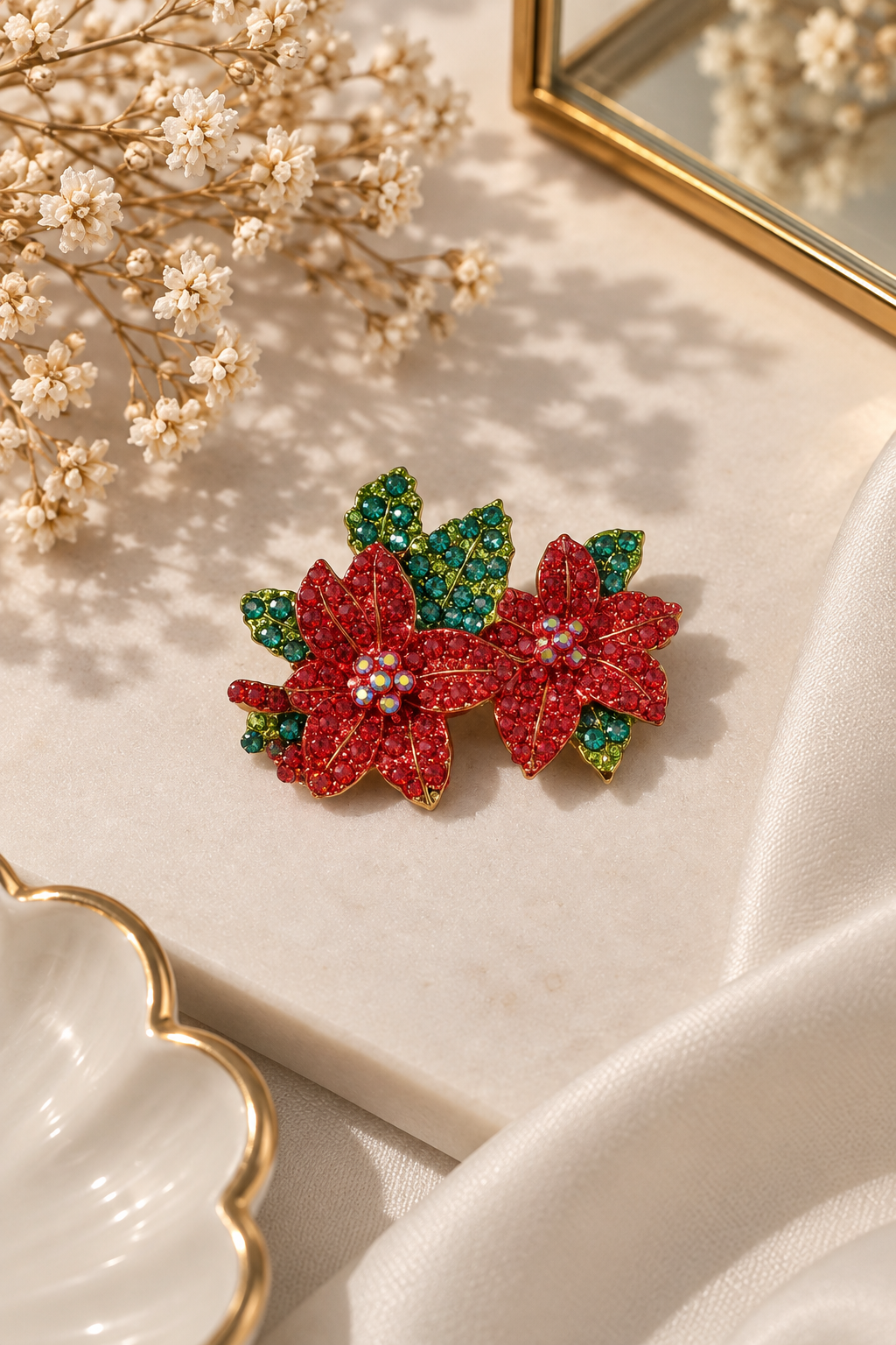 Weihnachtsstern Brosche Rot & Grün | Funkelnde Blumen Brosche
