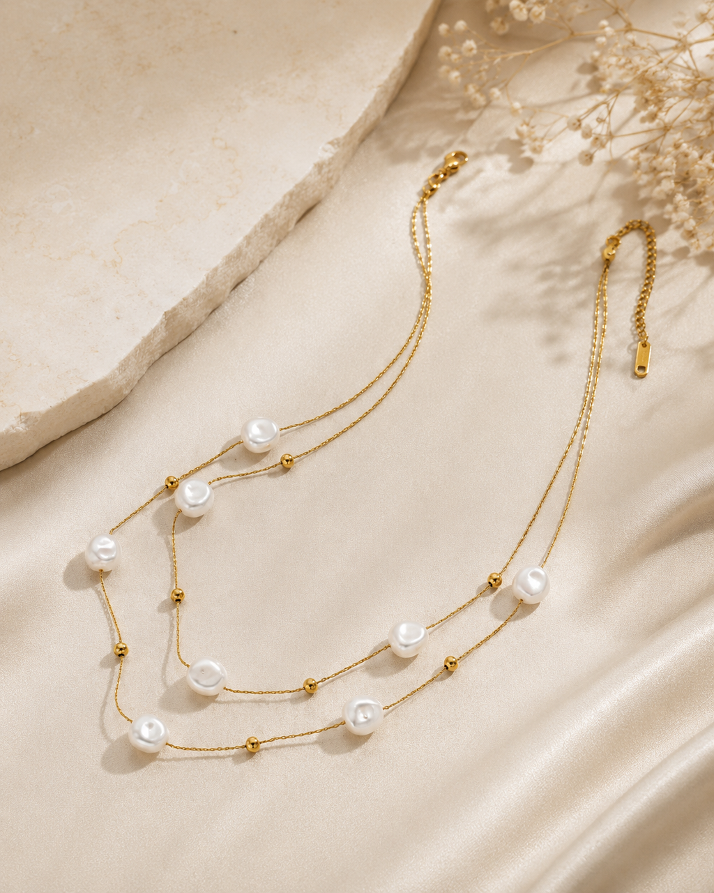 Doppelkette mit Perlen – Edelstahl Halskette Gold & Silber