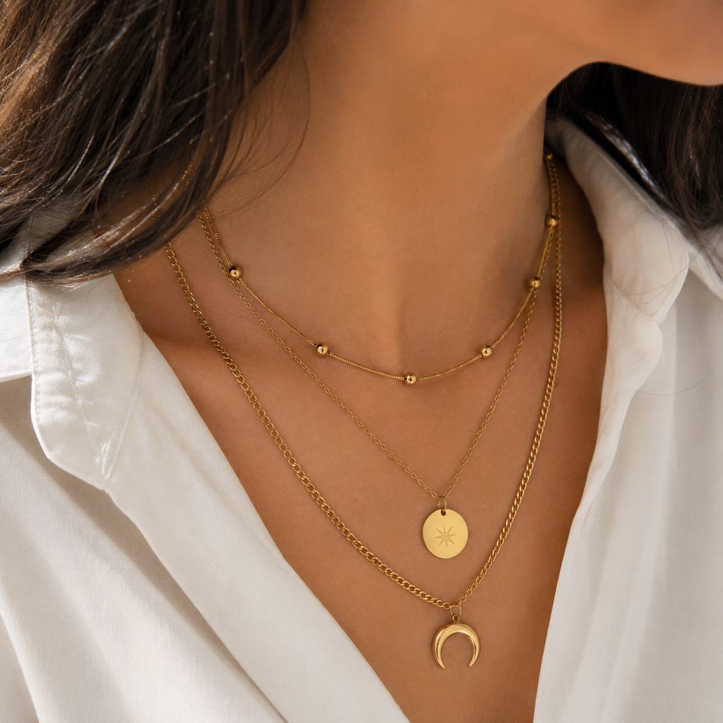 3-reihige Layering Halskette Gold | Mond & Stern Edelstahl Kette