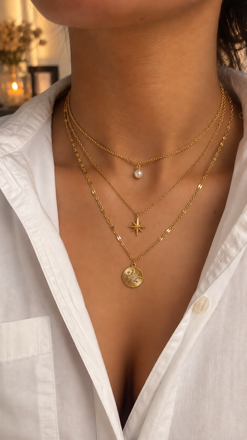3-reihige Layering Halskette Gold | Perle & Stern Anhänger