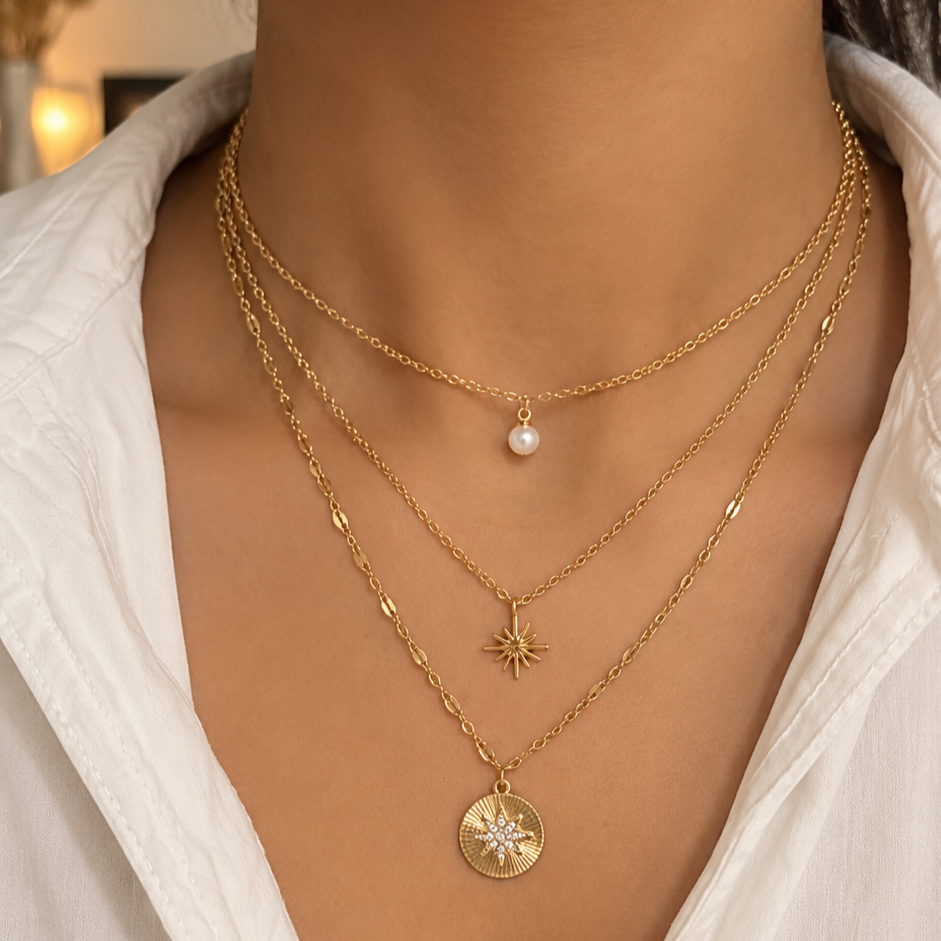 3-reihige Layering Halskette Gold | Perle & Stern Anhänger