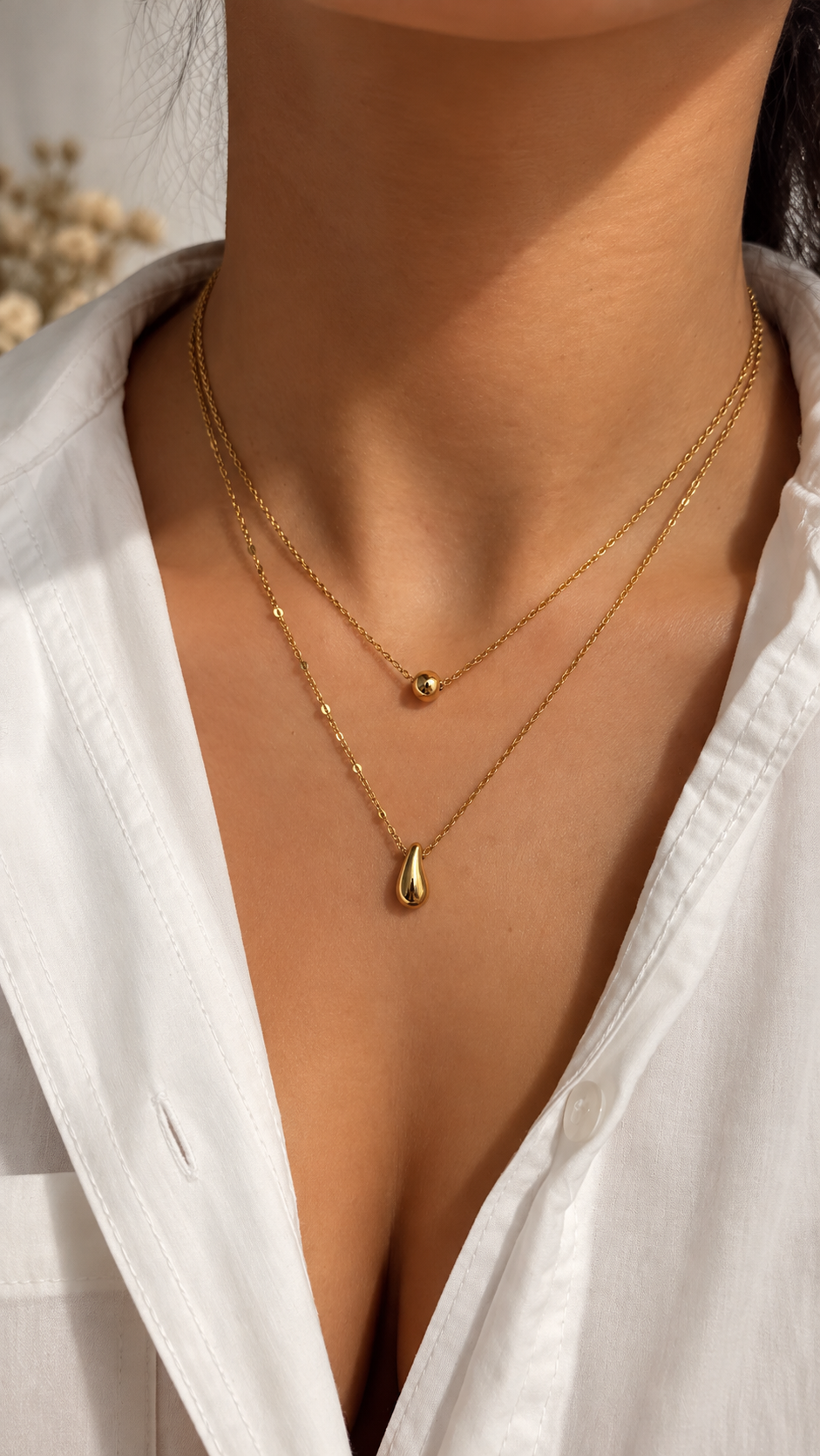Doppelkette Gold mit Tropfen Anhänger | Edelstahl Layering Halskette