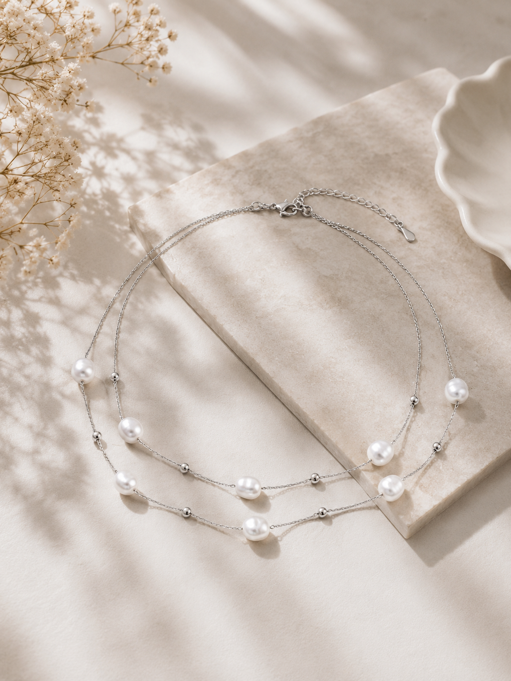 Doppelkette mit Perlen – Edelstahl Halskette Gold & Silber
