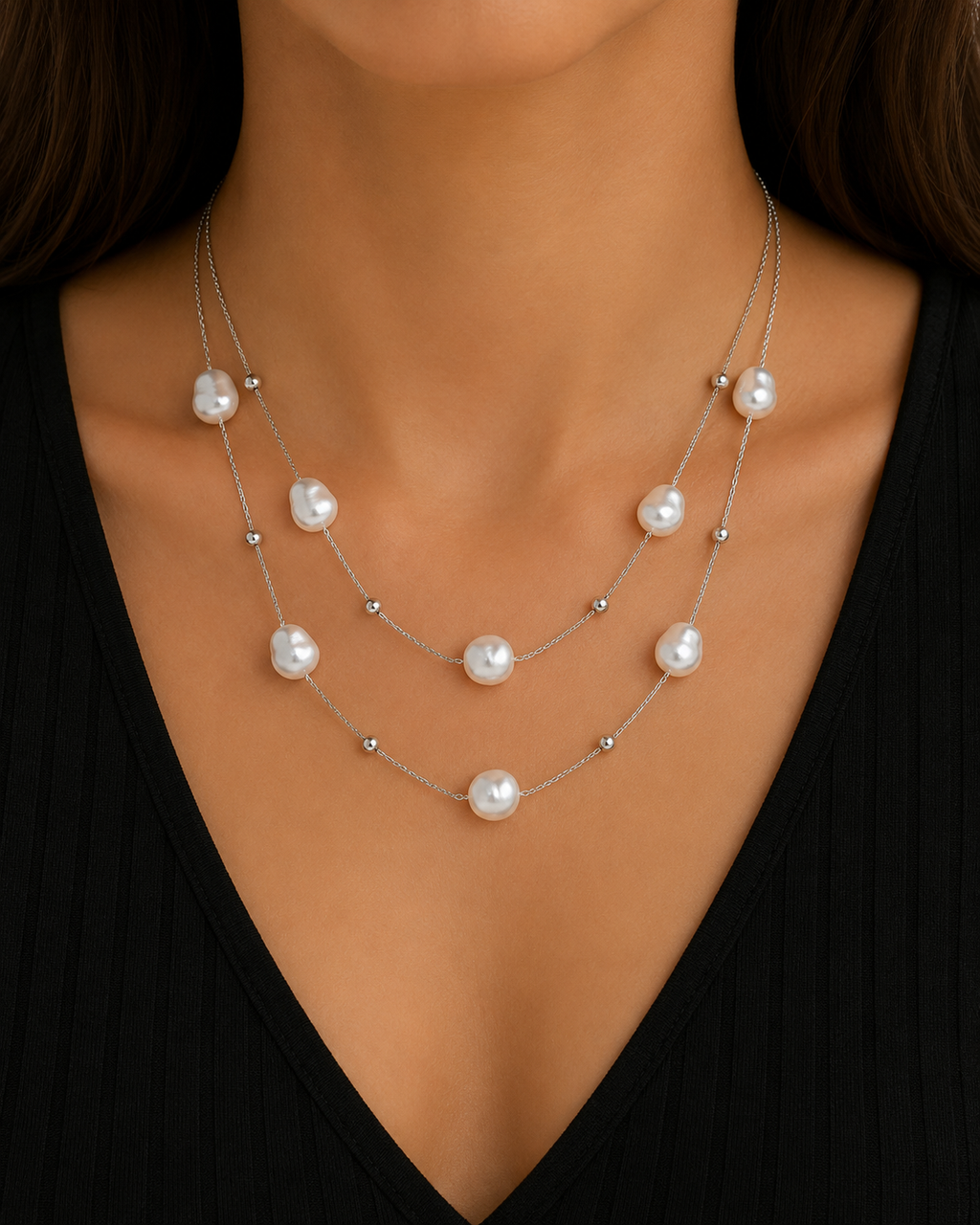 Doppelkette mit Perlen – Edelstahl Halskette Gold & Silber