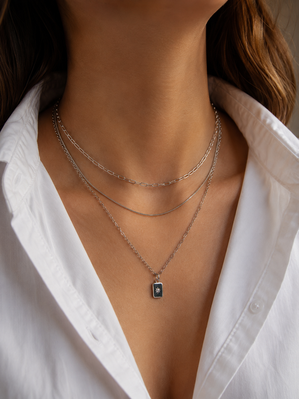 3-reihige Layering Halskette Silber – Edelstahl Kette mit Stern Anhänger
