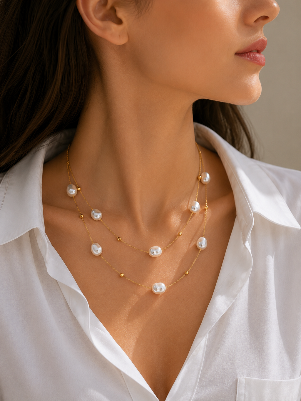 Doppelkette mit Perlen – Edelstahl Halskette Gold & Silber