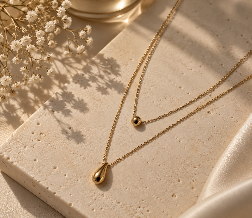 Doppelkette Gold mit Tropfen Anhänger | Edelstahl Layering Halskette