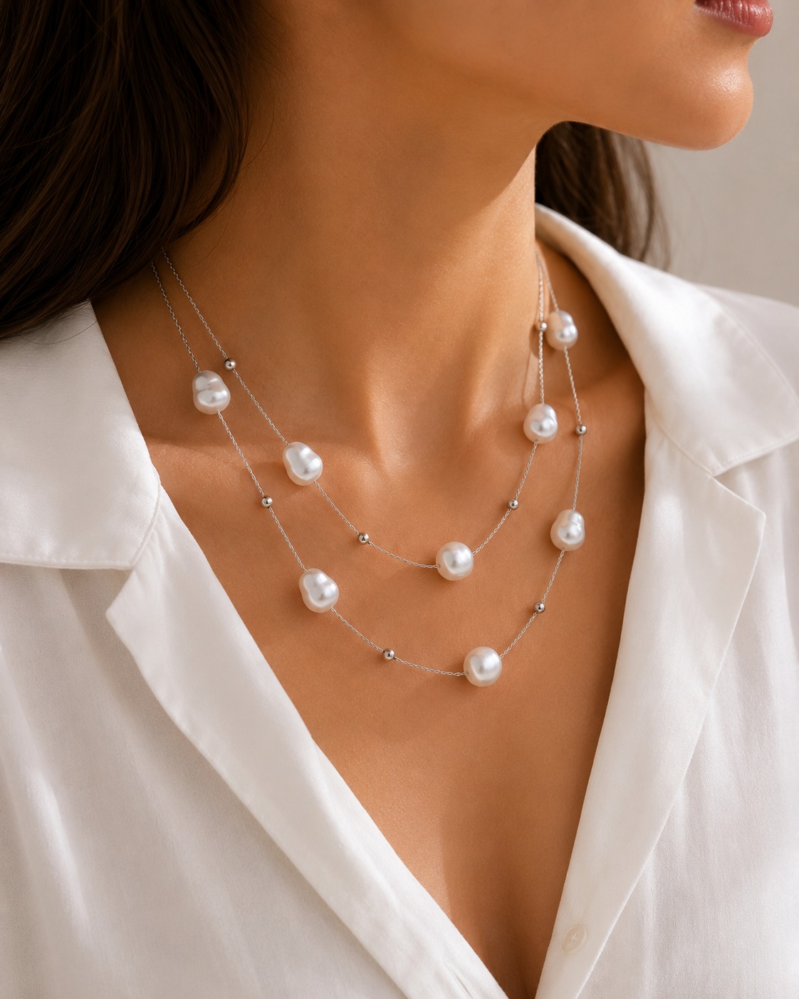 Doppelkette mit Perlen – Edelstahl Halskette Gold & Silber