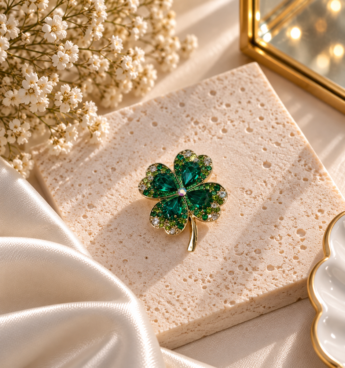 Kleeblatt Brosche mit Kristallsteinen – Gold | Grün & Rosa