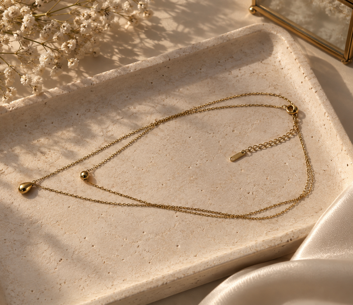 Doppelkette Gold mit Tropfen Anhänger | Edelstahl Layering Halskette