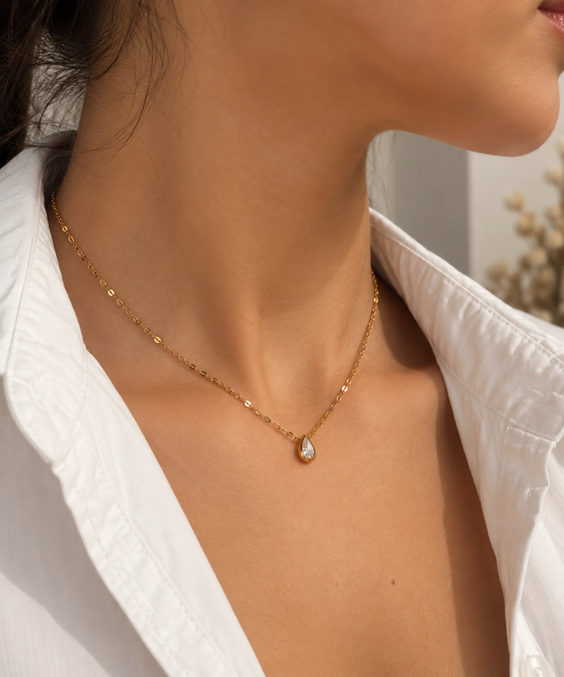 Tropfen Halskette Gold mit Zirkonia | Filigrane Edelstahl Kette