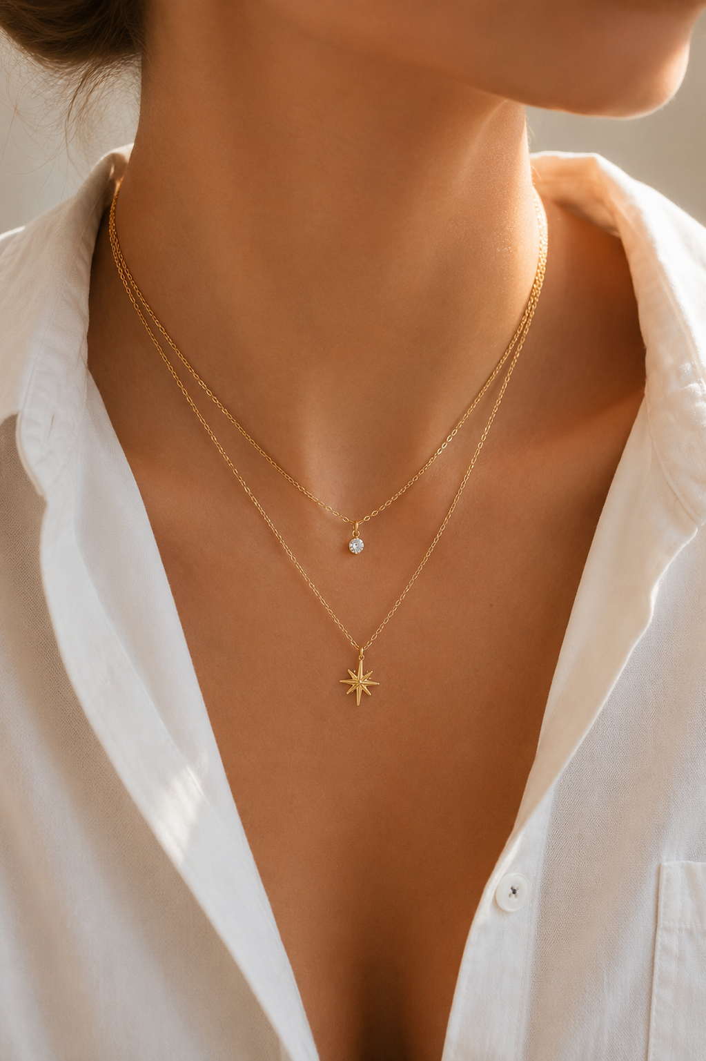Doppelkette mit Stern Anhänger & Zirkonia – Edelstahl Gold & Silber