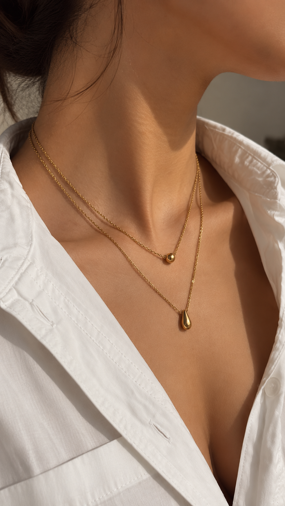 Doppelkette Gold mit Tropfen Anhänger | Edelstahl Layering Halskette