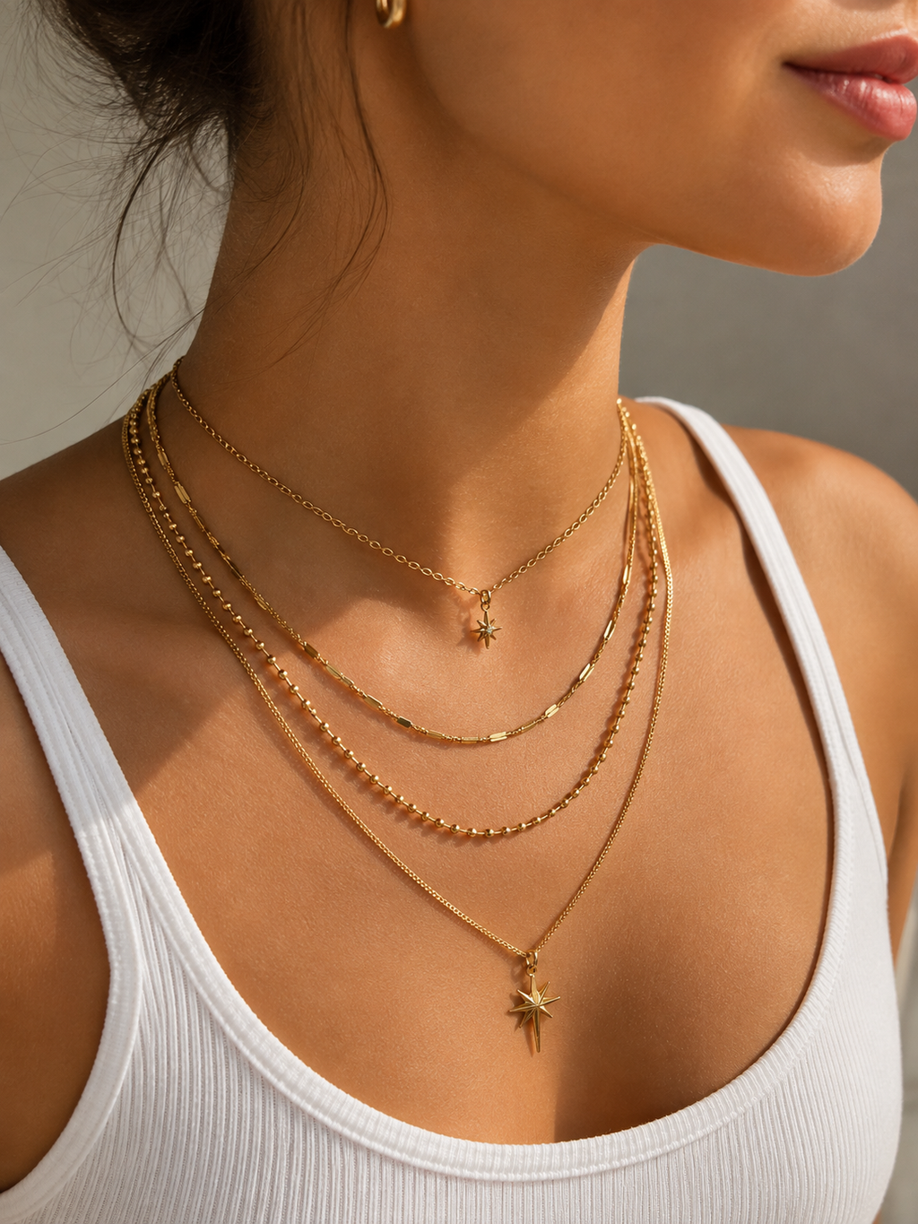 Layering Halskette Gold mit Stern – 2 Doppelkette | Edelstahl 14K vergoldet