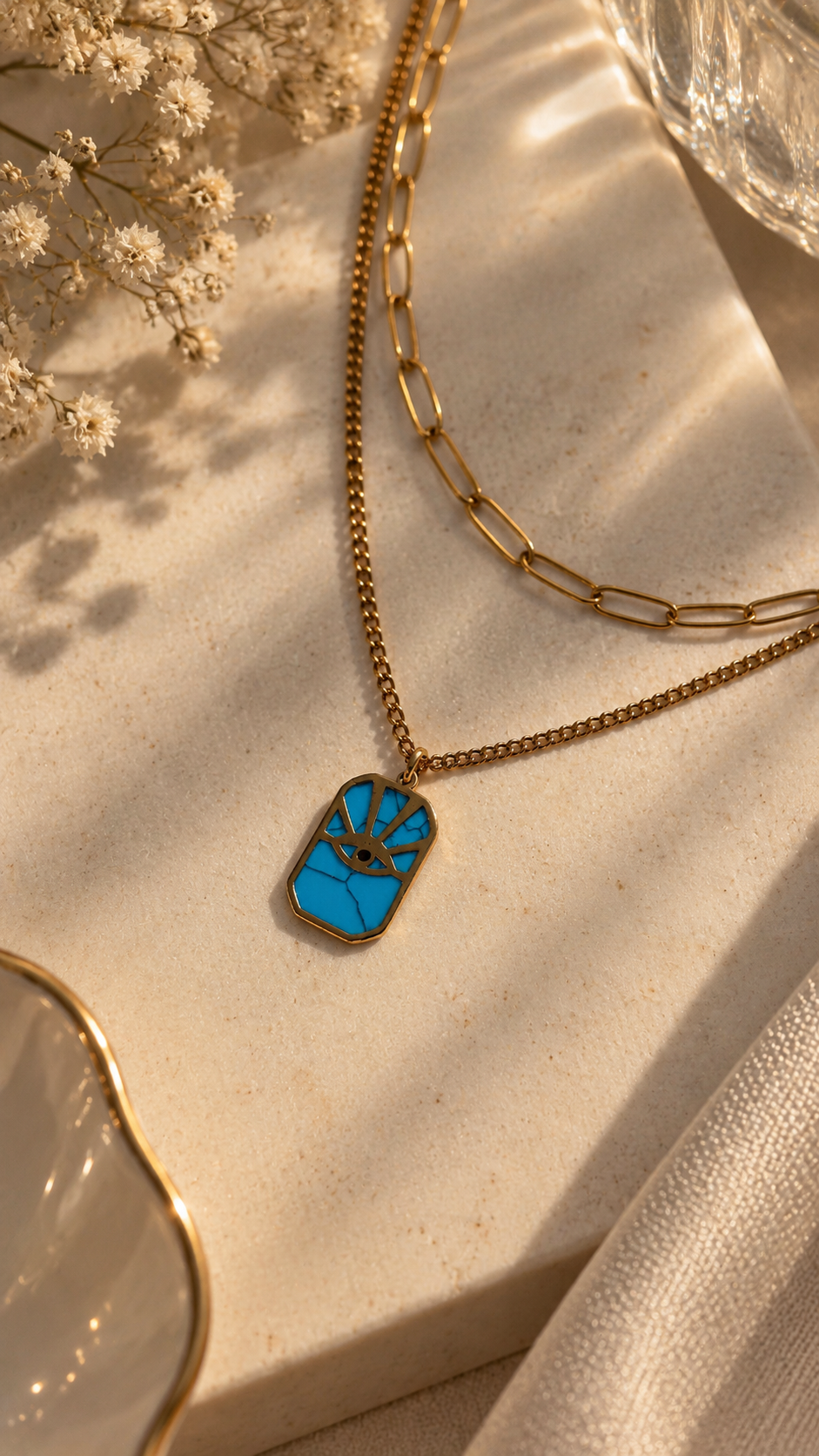 Layering Halskette Gold mit Türkis Augen Anhänger | Edelstahl Doppelkette