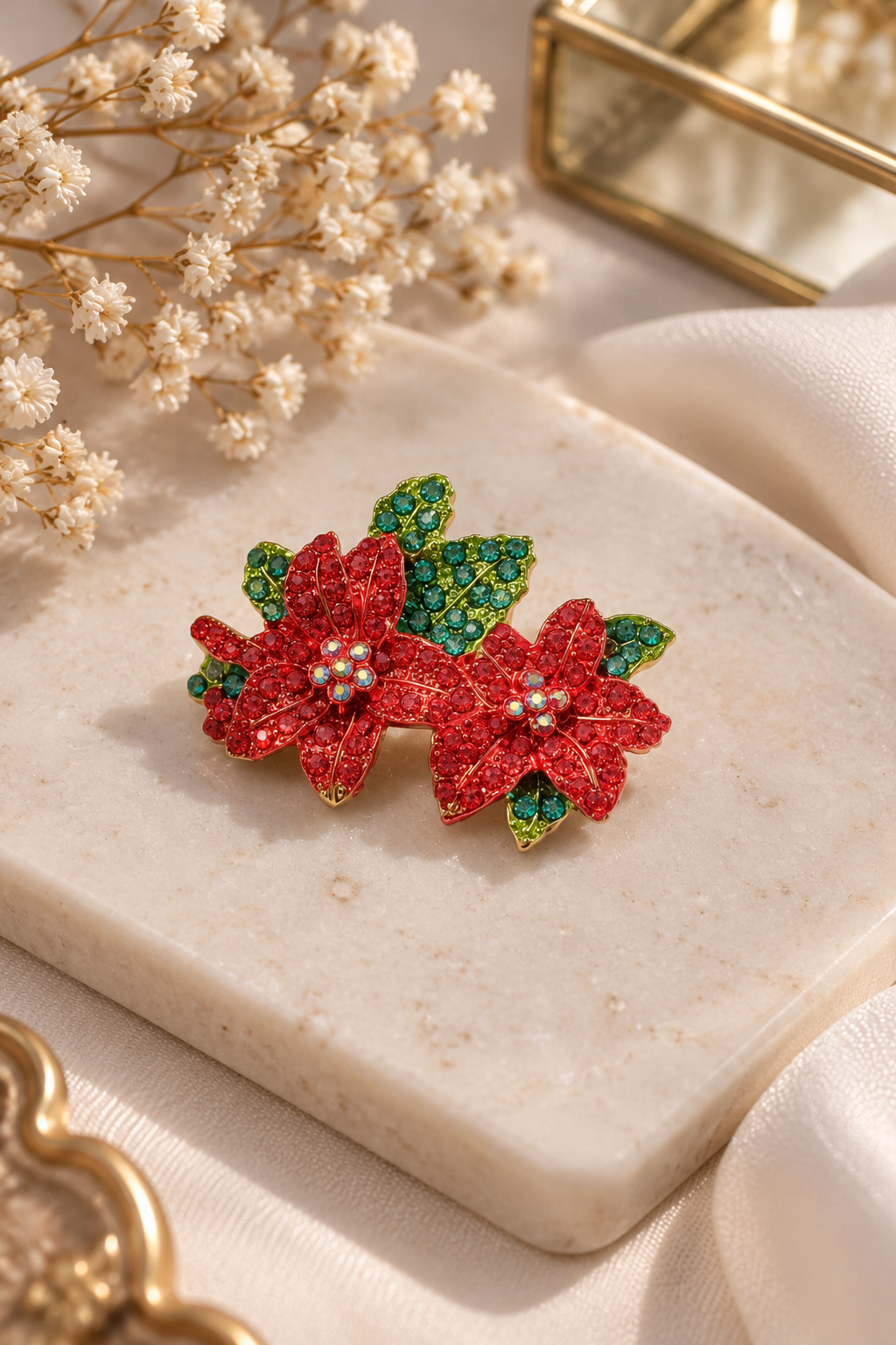 Weihnachtsstern Brosche Rot & Grün | Funkelnde Blumen Brosche