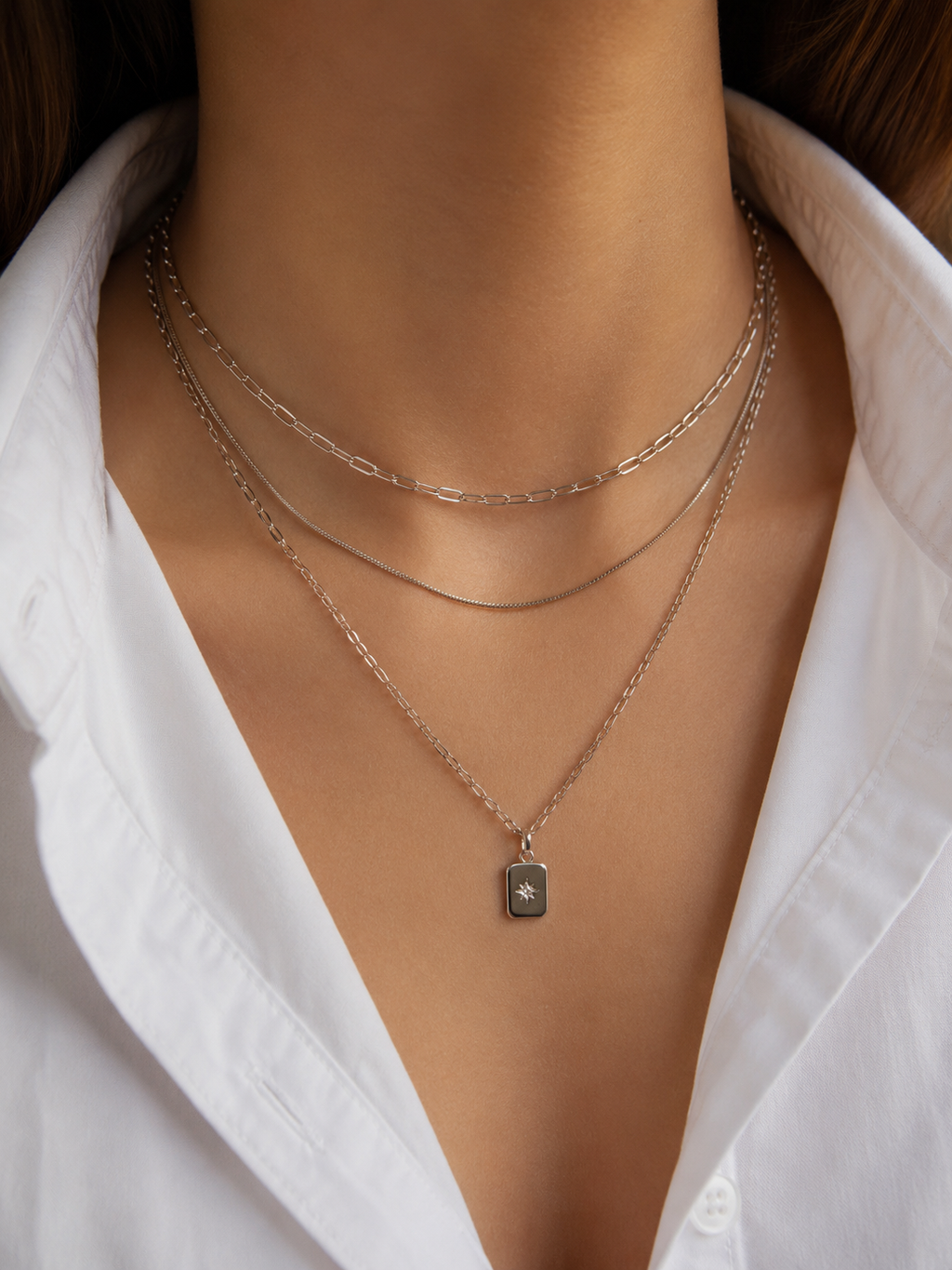 3-reihige Layering Halskette Silber – Edelstahl Kette mit Stern Anhänger