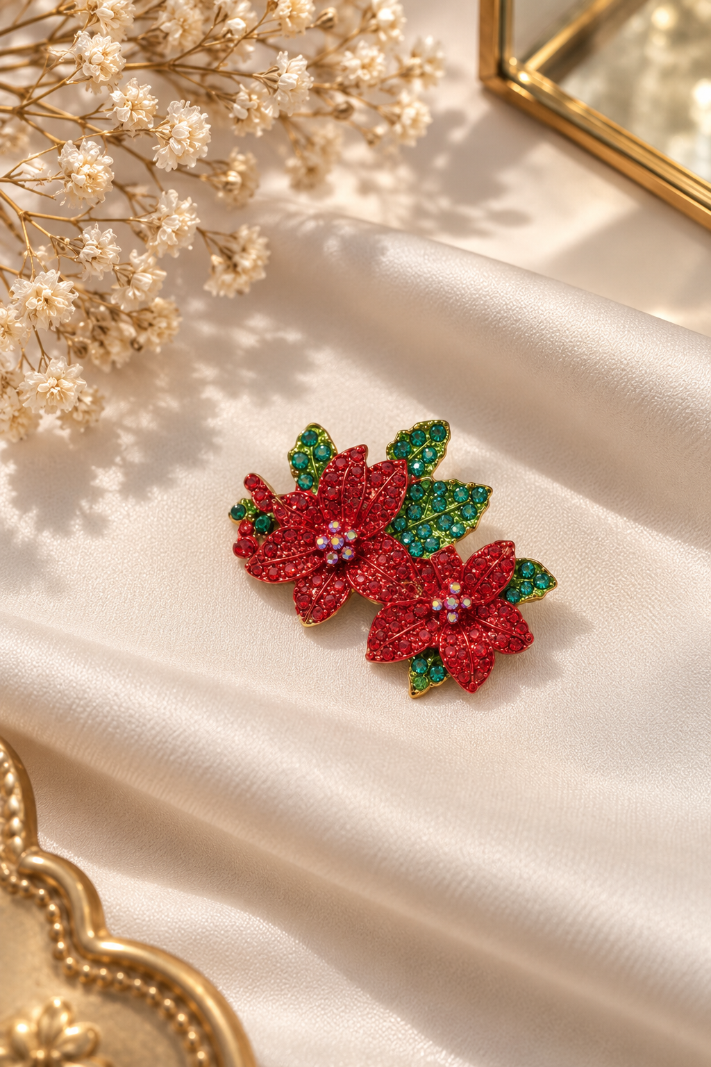 Weihnachtsstern Brosche Rot & Grün | Funkelnde Blumen Brosche