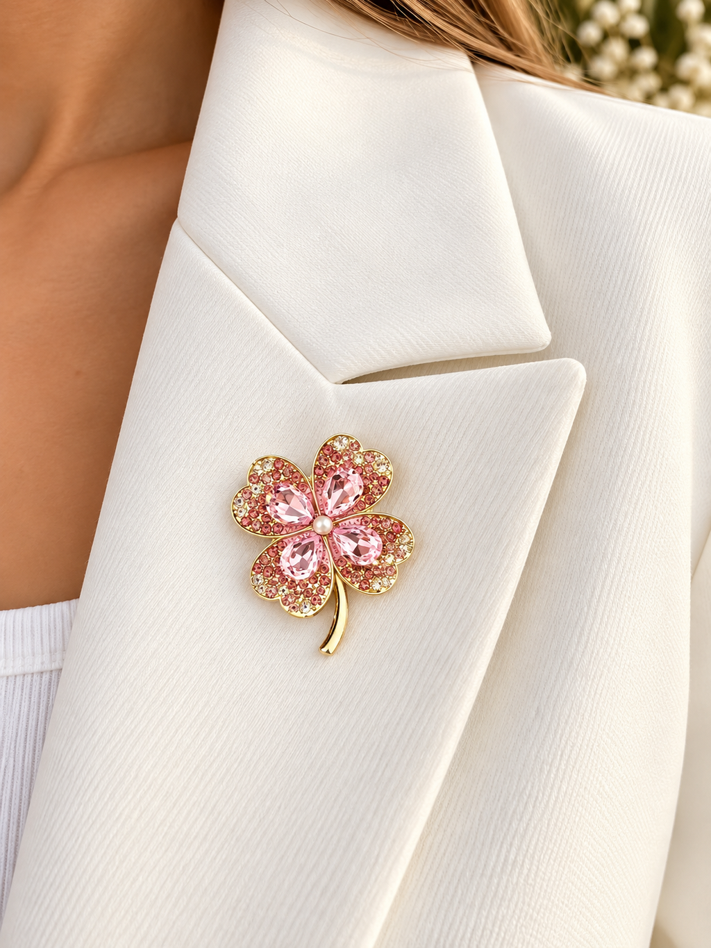 Kleeblatt Brosche mit Kristallsteinen – Gold | Grün & Rosa