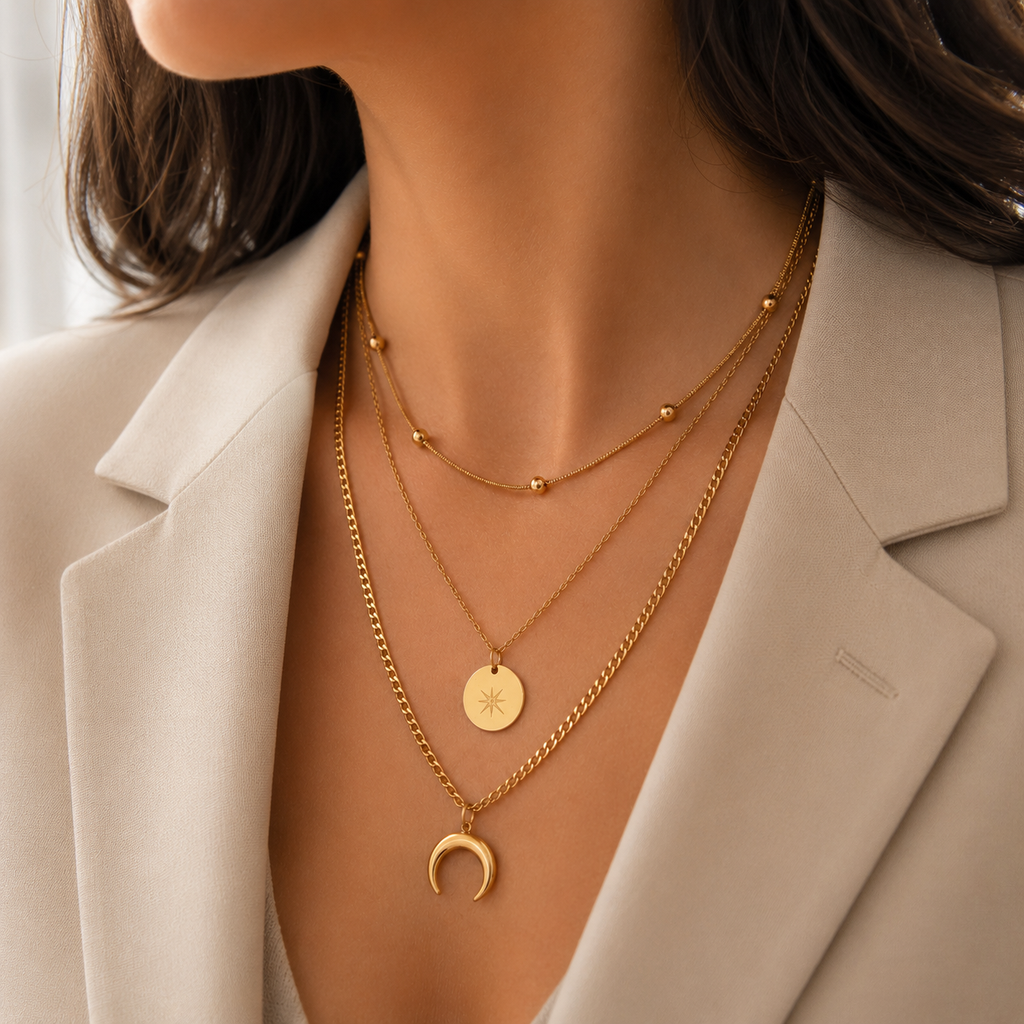 3-reihige Layering Halskette Gold | Mond & Stern Edelstahl Kette