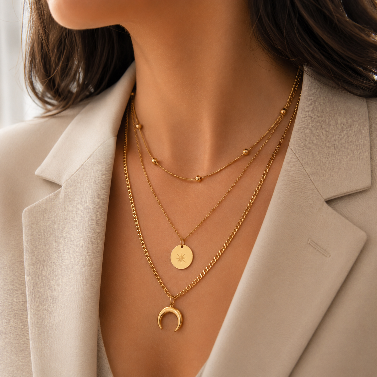 3-reihige Layering Halskette Gold | Mond & Stern Edelstahl Kette