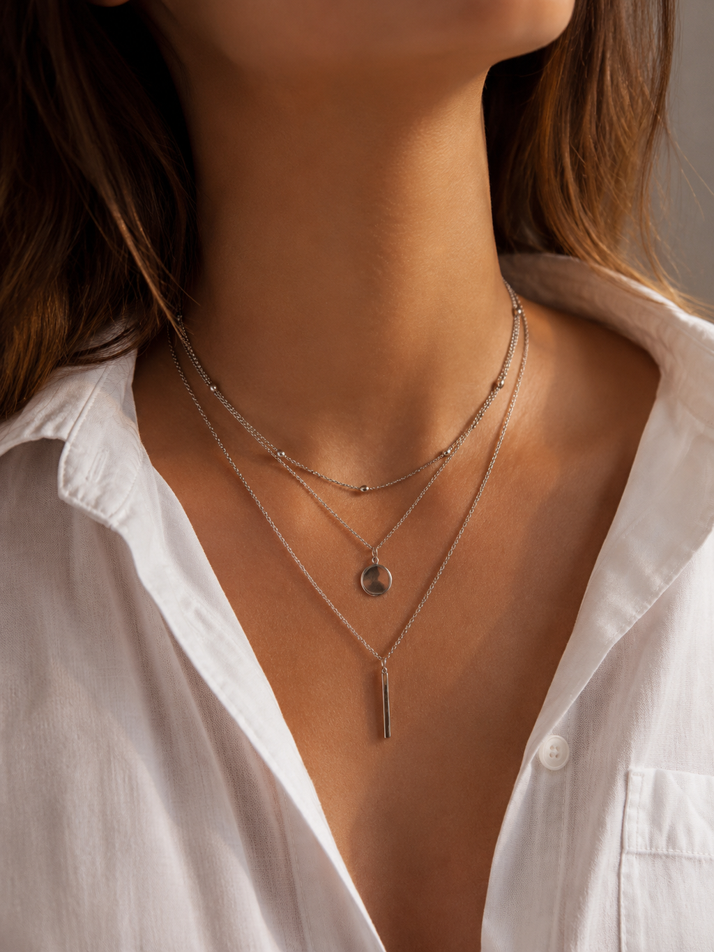 3-reihige Layering Halskette Silber – Edelstahl Kette mit Anhängern