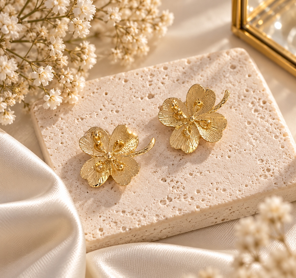 Kleeblatt Brosche mit Kristallsteinen – Gold | Grün & Rosa
