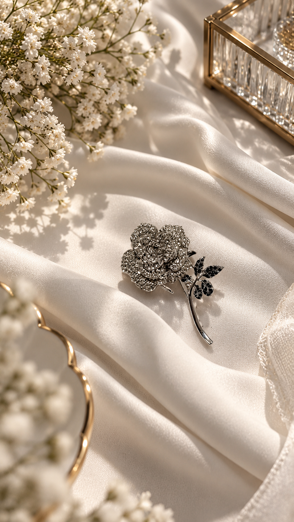 Elegante Rosen Brosche Silber mit Strasssteinen – Vintage Blumenbrosche für Damen