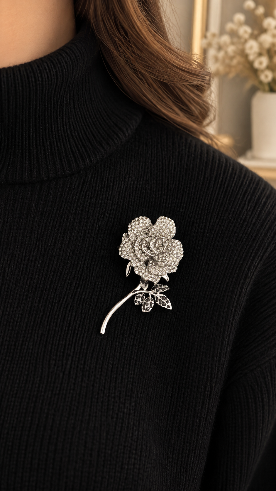 Elegante Rosen Brosche Silber mit Strasssteinen – Vintage Blumenbrosche für Damen