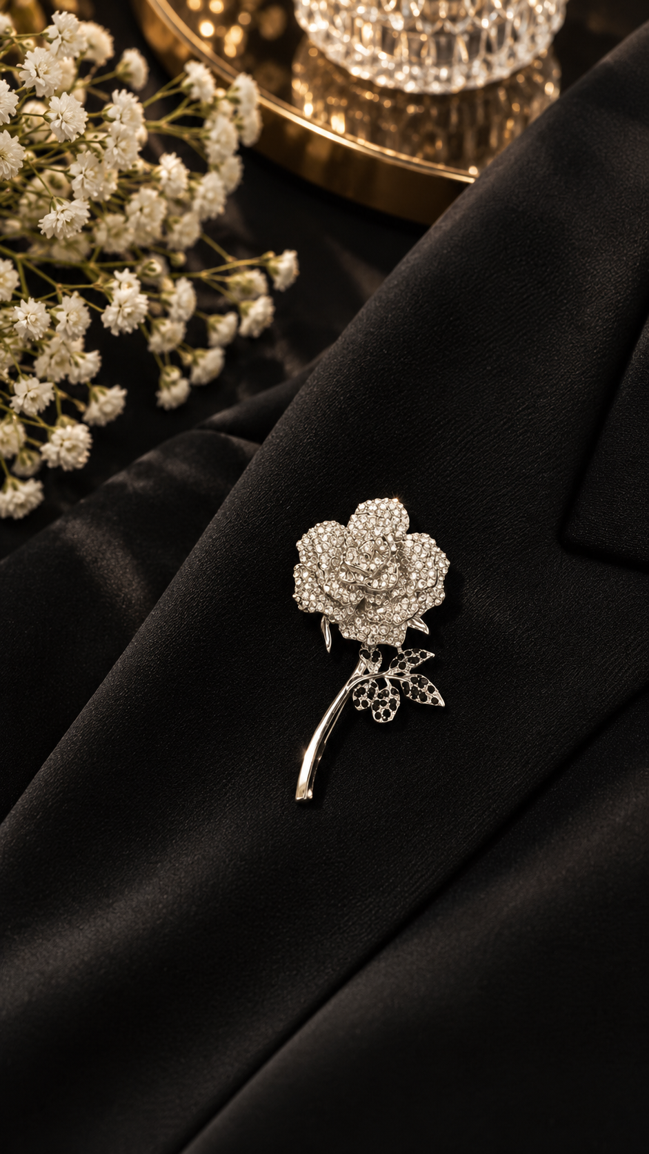 Elegante Rosen Brosche Silber mit Strasssteinen – Vintage Blumenbrosche für Damen