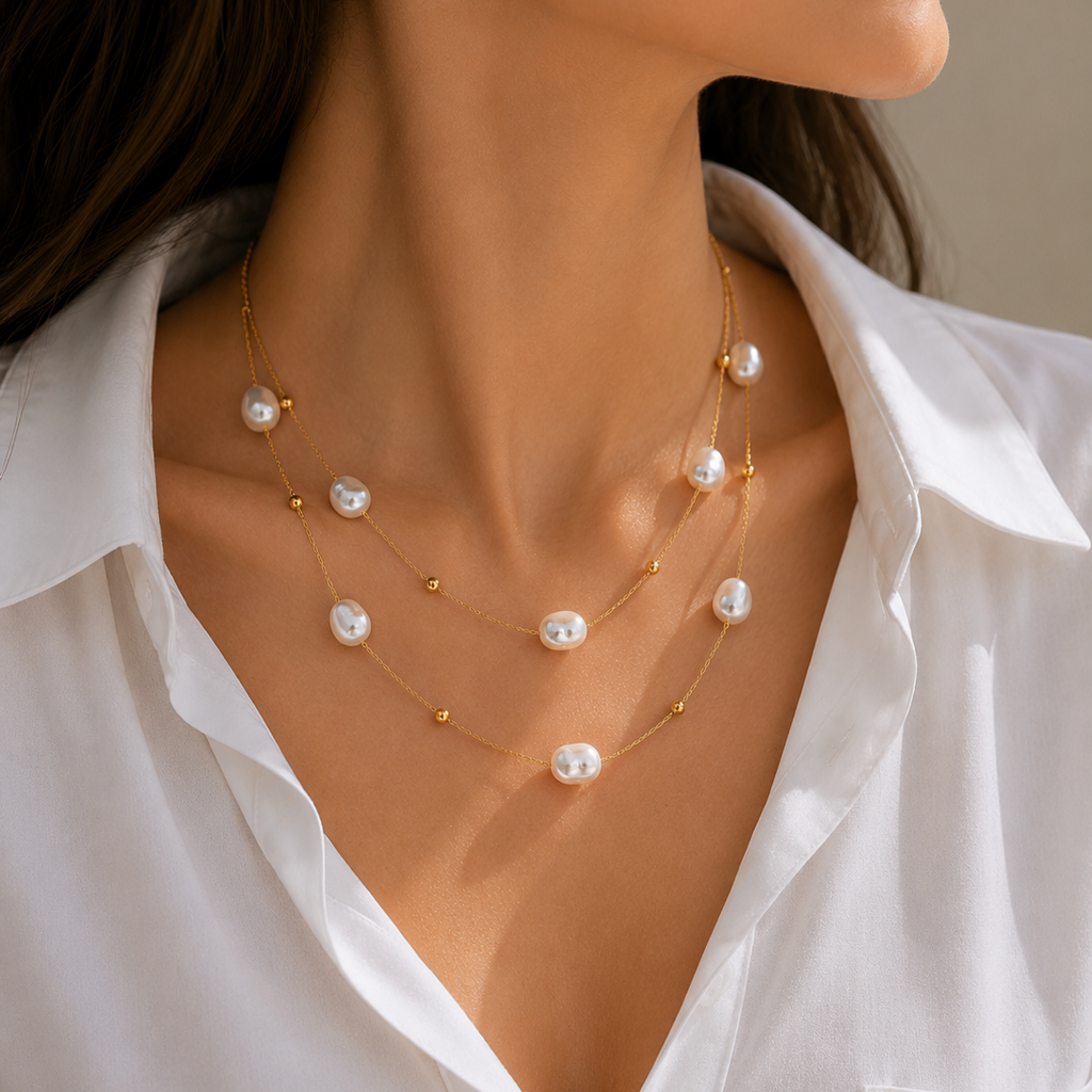 Doppelkette mit Perlen – Edelstahl Halskette Gold & Silber