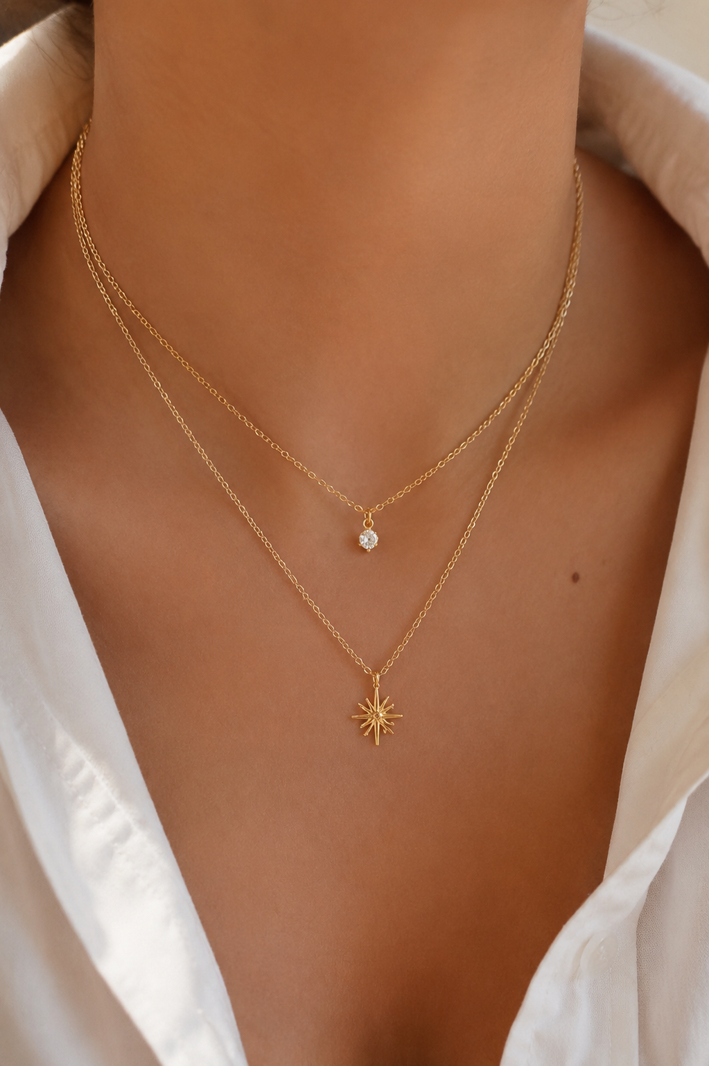 Doppelkette mit Stern Anhänger & Zirkonia – Edelstahl Gold & Silber