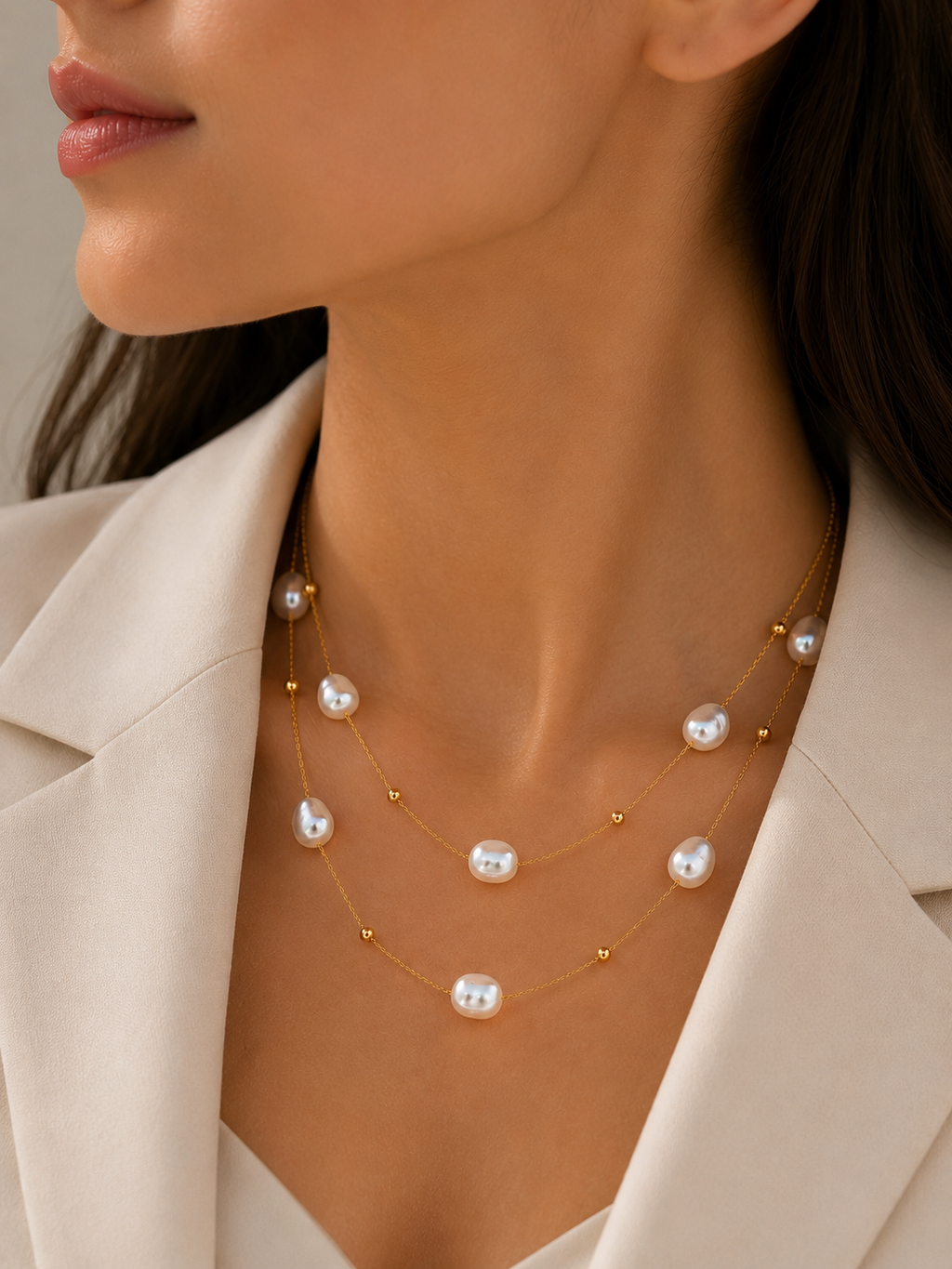 Doppelkette mit Perlen – Edelstahl Halskette Gold & Silber