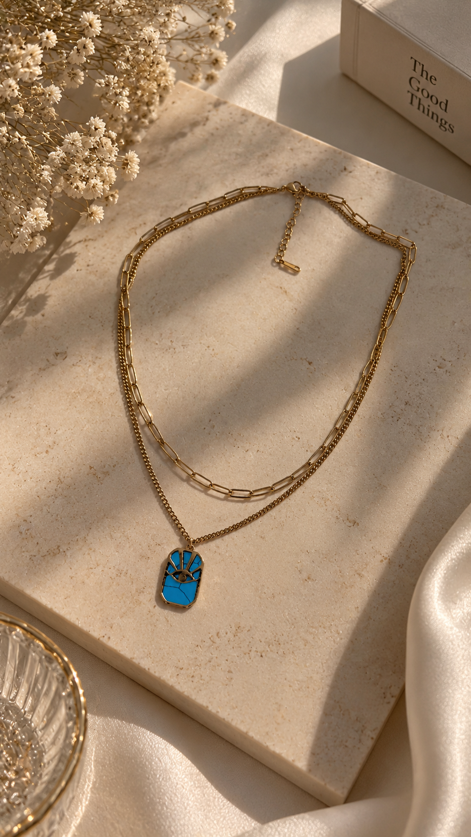 Layering Halskette Gold mit Türkis Augen Anhänger | Edelstahl Doppelkette