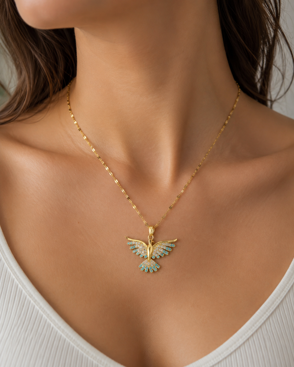 Phönix Halskette mit Zirkonia & Türkis – Edelstahl Gold & Silber