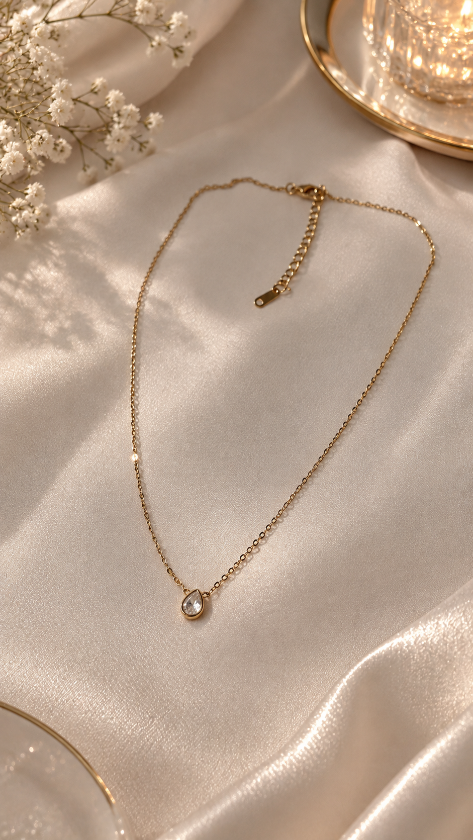 Tropfen Halskette Gold mit Zirkonia | Filigrane Edelstahl Kette