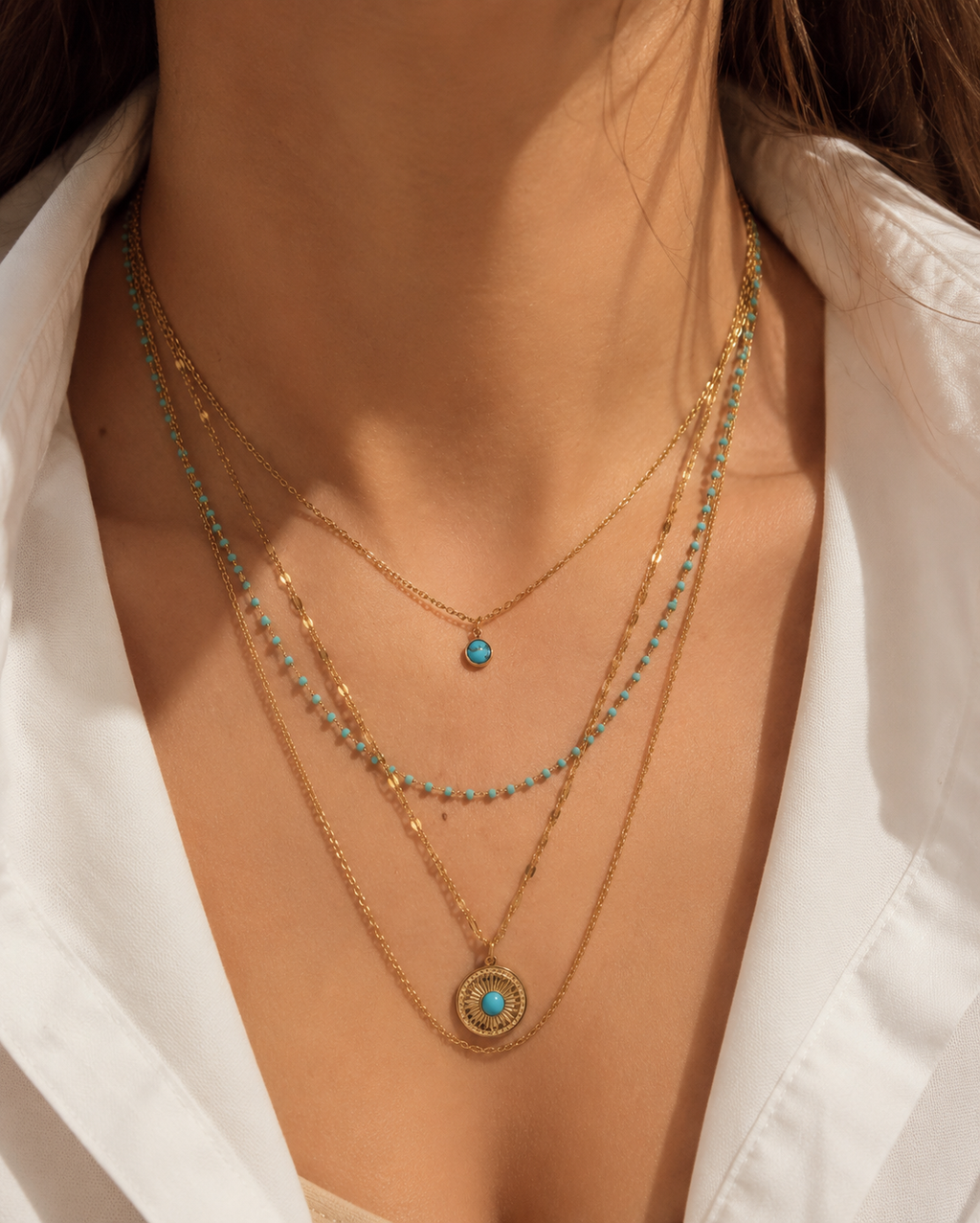 Layering Halskette Türkis & Gold – Mehrreihige Edelstahl Kette mit Anhänger